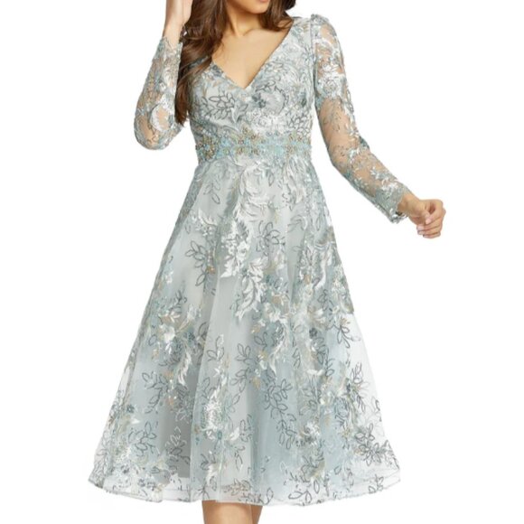 MAC DUGGAL 70230 EMBELLISHED ILLUSIONS LONG SLEEVE A-LINE STERLING GOWN sz 14 - Picture 1 of 4